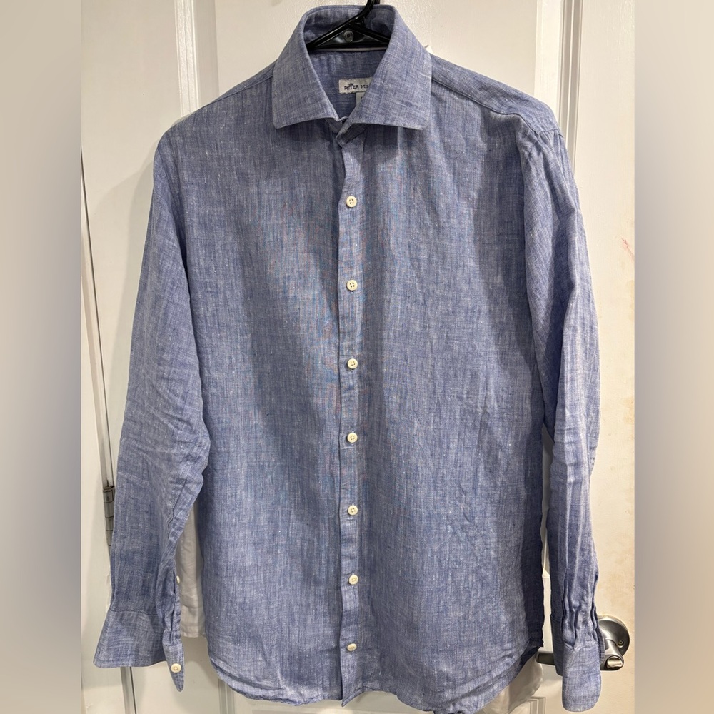 Peter Millar Blue Linen Button Down Shirt